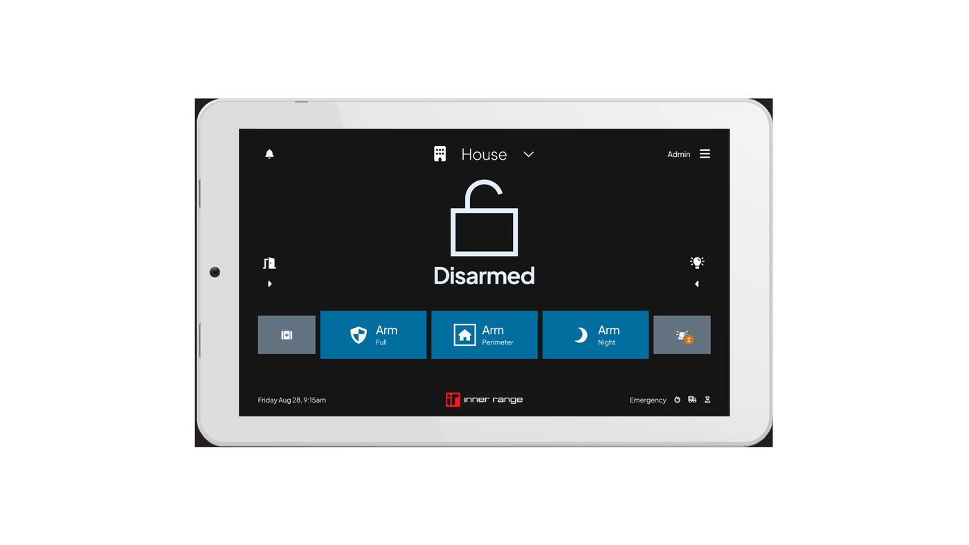 Home alarm system touchscreen showing the property disarmed