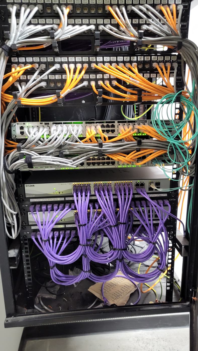 Terminated Cat6 patch panel in a commercial comms rack Terminated Cat6 patch panel in a commercial comms rack